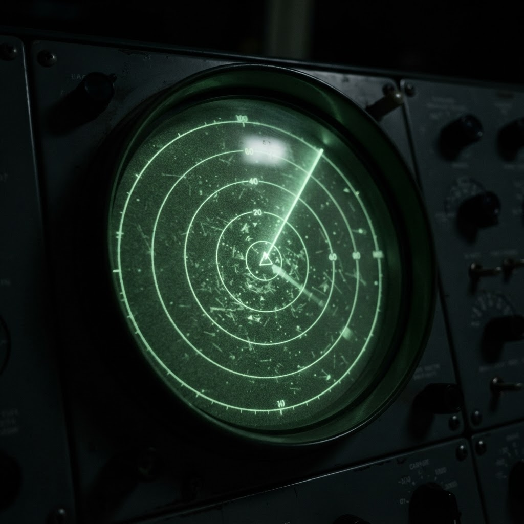 Green radar scope screenshot with a faint triangular blip among range rings.