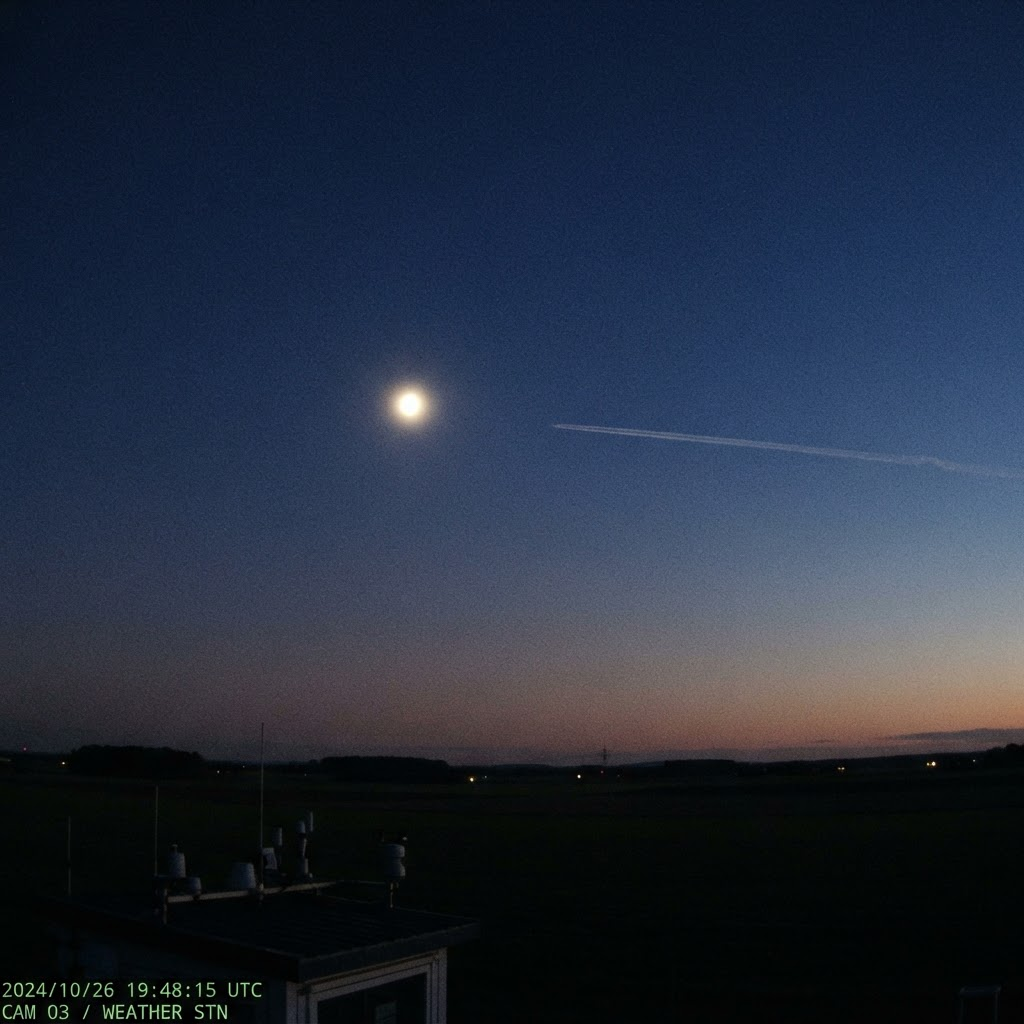 Weather cam still of a bright glow beside a fading contrail in a dusk sky.