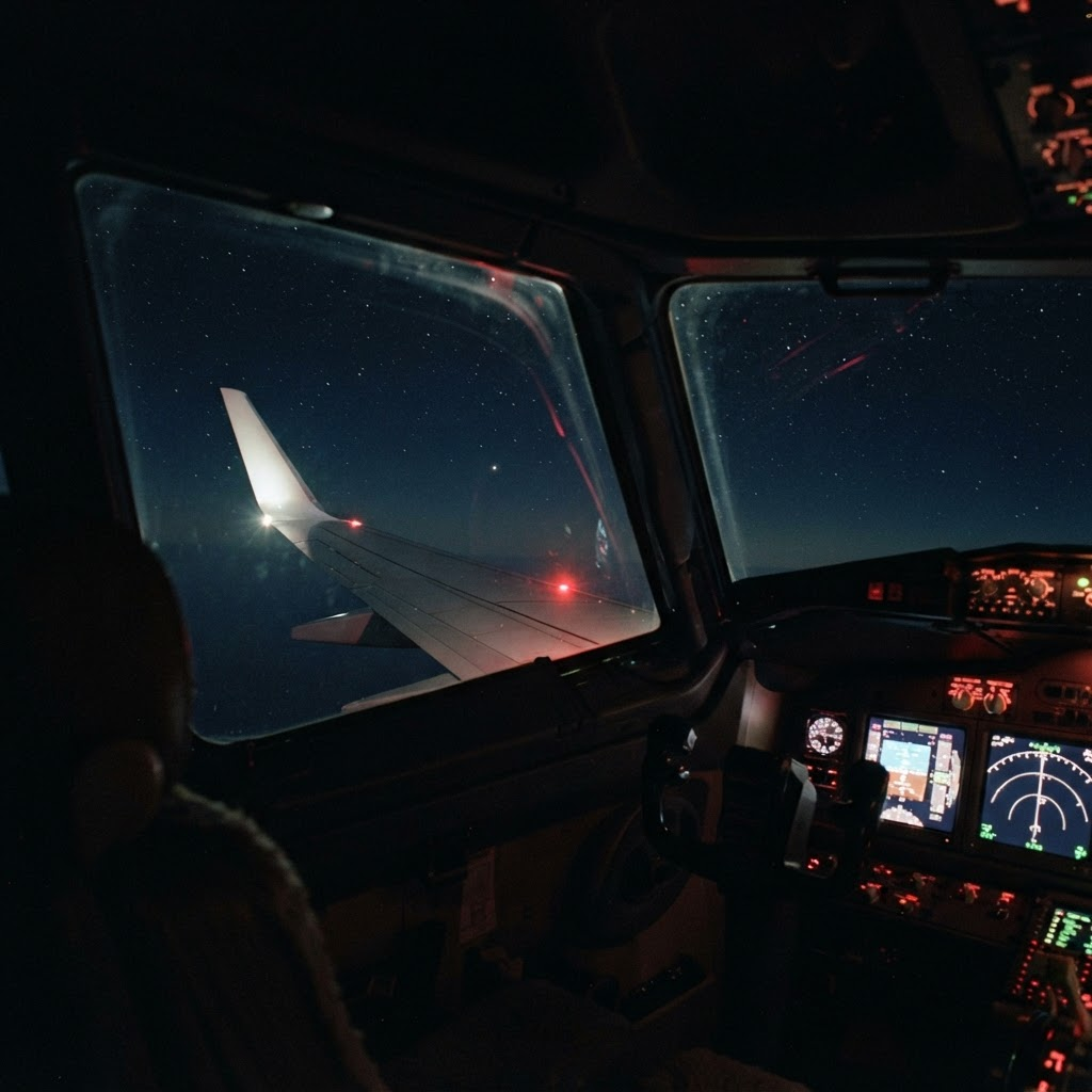 Night view past an airliner wing of a distant point of light in a dark sky.