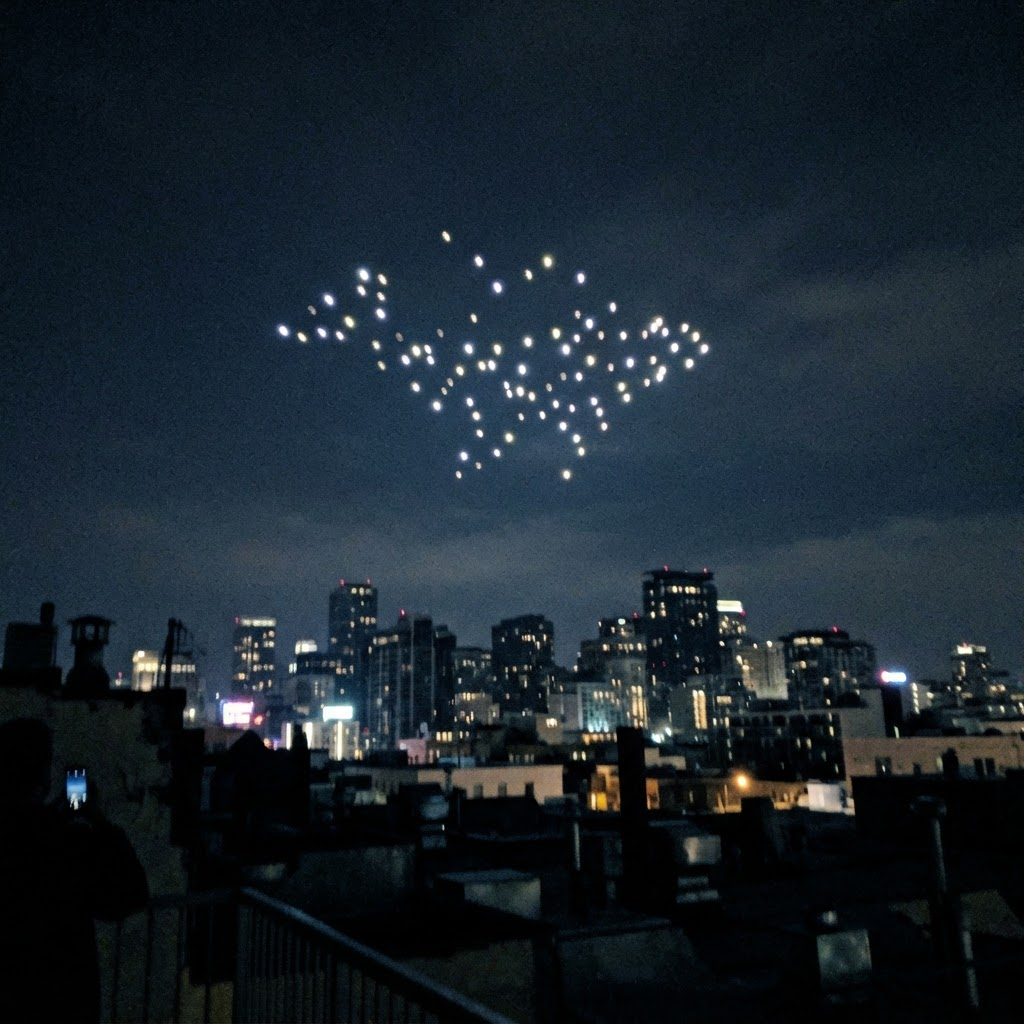 Shaky phone photo of a cluster of lights over downtown rooftops at night.